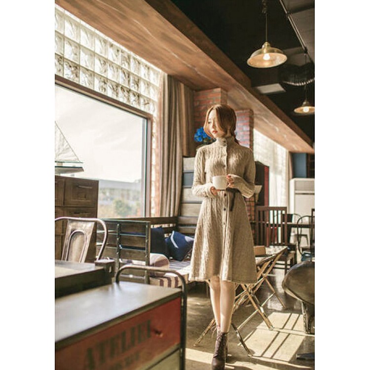 J41387 Koreanischer langer Pullovermantel mit Stehkragen und Gürtel-2