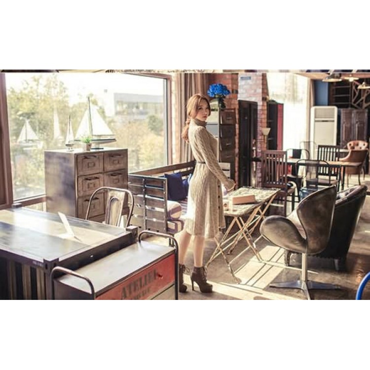 J41387 Koreanischer langer Pullovermantel mit Stehkragen und Gürtel-3