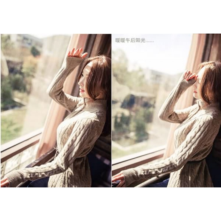 J41387 Koreanischer langer Pullovermantel mit Stehkragen und Gürtel-4