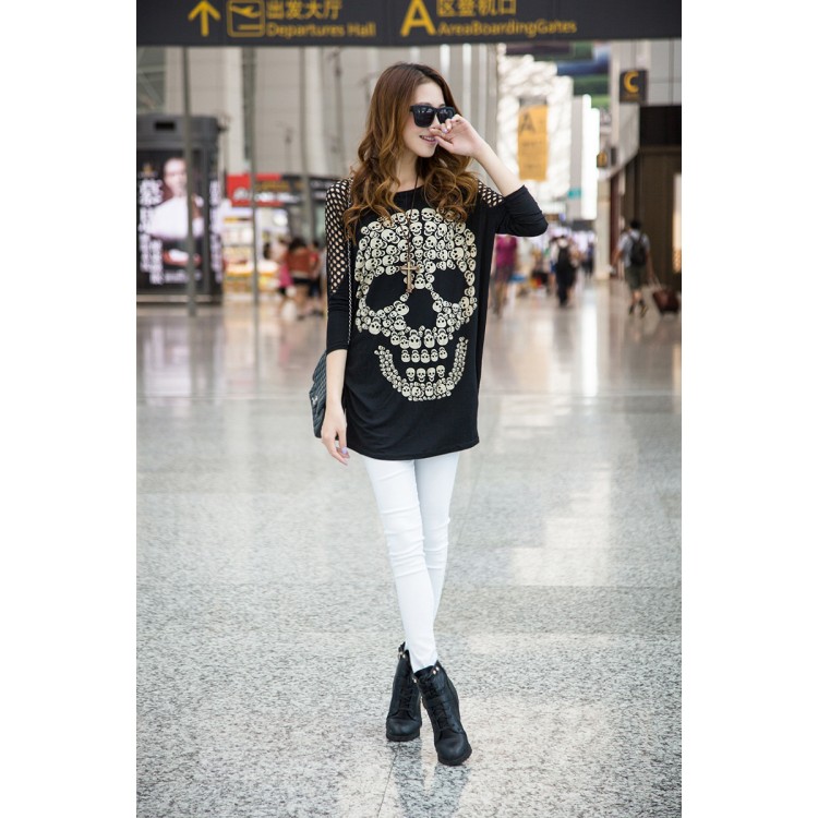 J72949 Großes T-Shirt im koreanischen Stil mit Totenkopf-Aufdruck und aushöhlendem Schulterausschnitt-1