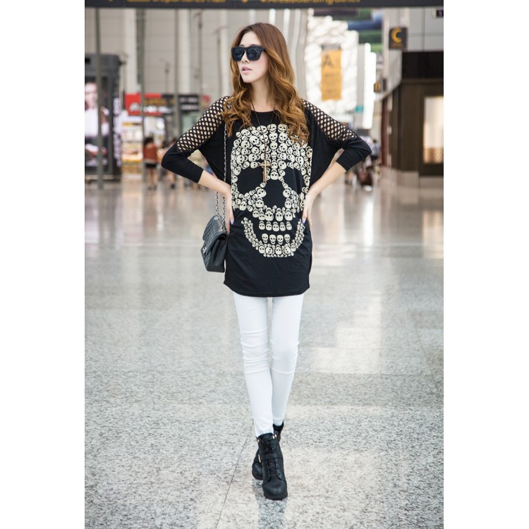 J72949 Großes T-Shirt im koreanischen Stil mit Totenkopf-Aufdruck und aushöhlendem Schulterausschnitt-2