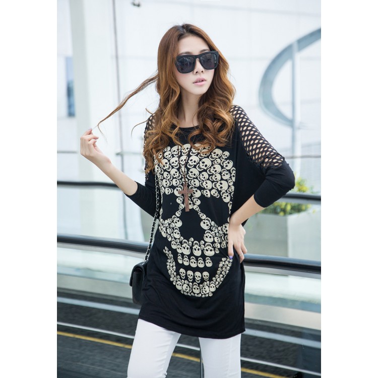 J72949 Großes T-Shirt im koreanischen Stil mit Totenkopf-Aufdruck und aushöhlendem Schulterausschnitt-4
