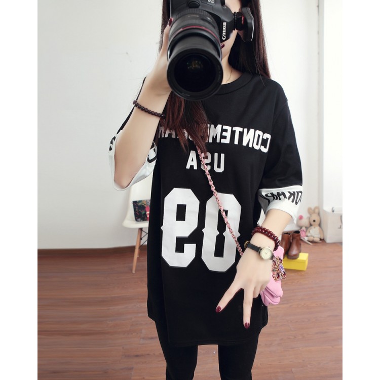 TE1075 Loses langes T-Shirt mit Spleiß-Buchstabendruck im neuen Stil-5