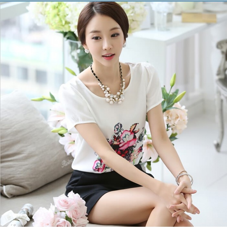 TE1526WSSP Koreanisches Mode-Blumendruck-Kurzarm-Chiffonhemd-3