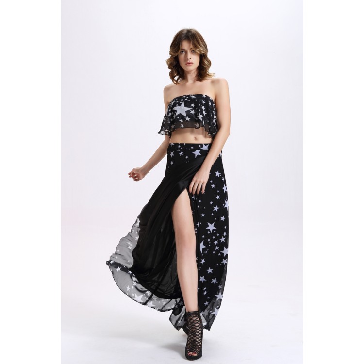 TE2114OMSS Europe Fashion Stars zitterndes Chiffon-Boob-Tube-Top mit unregelmäßig geschlitztem Rock-2