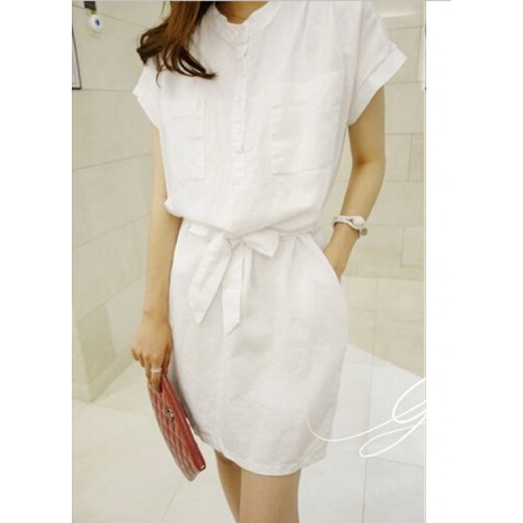 TE2612 Koreanische Mode reine Farbe Schnürung schlank warten Temperament Kleid-4