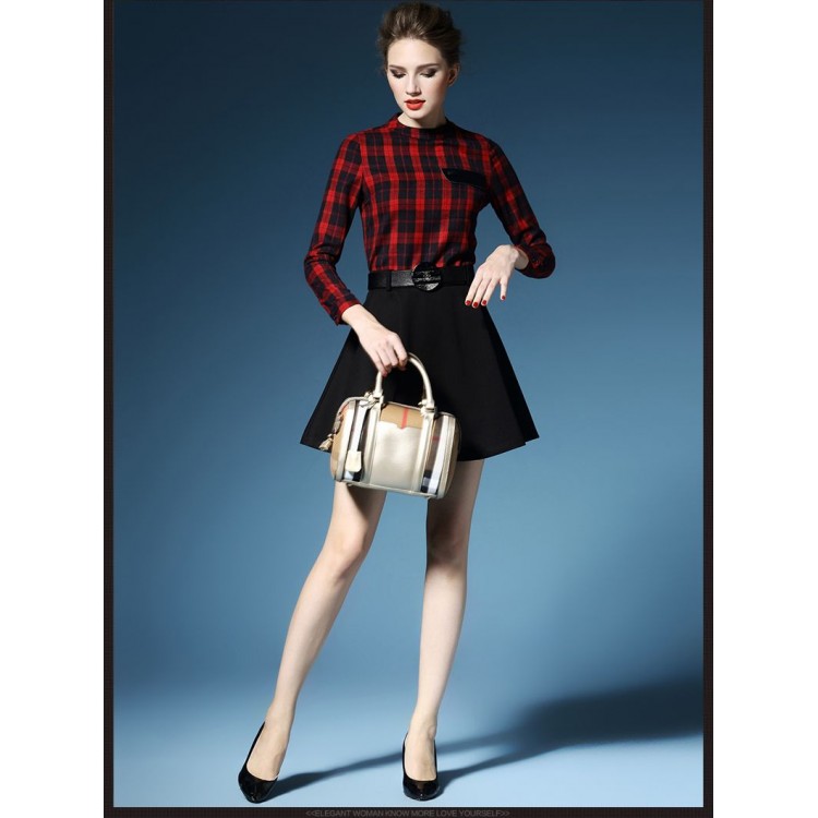 TE2729AMN Kariertes, temperamentvolles A-Linien-Kleid im neuen Stil-3