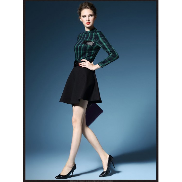 TE2729AMN Kariertes, temperamentvolles A-Linien-Kleid im neuen Stil-4