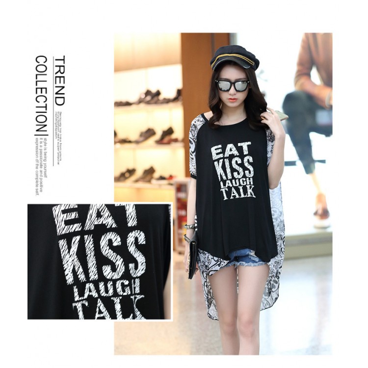 TE6011AYY Loses, großes T-Shirt aus Chiffon mit Buchstabendruck und gespleißtem Rücken-3