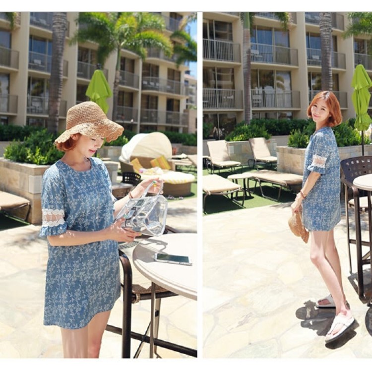 TE9773WJYS Sommermode-Kleid mit süßem Spitzen-Splice-Ärmel-Print-2