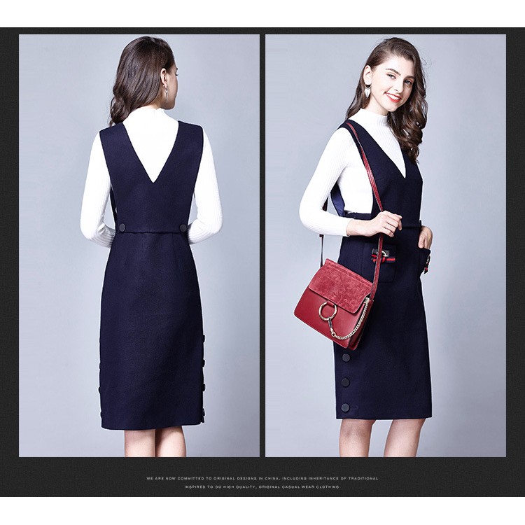 TE6512YZS Wollkleid mit Schleife und A-Linie im euramerikanischen Stil mit Hosenträgern-7