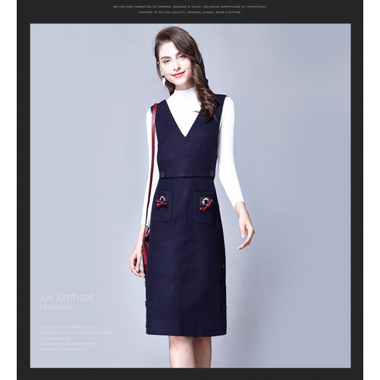 TE6512YZS Wollkleid mit Schleife und A-Linie im euramerikanischen Stil mit Hosenträgern-1