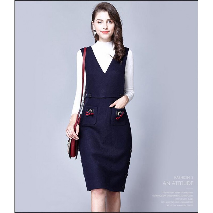 TE6512YZS Wollkleid mit Schleife und A-Linie im euramerikanischen Stil mit Hosenträgern-2