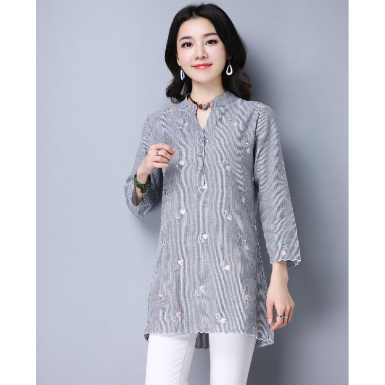 TE9156YZS Hemd mit Streifen und Stickerei im frischen Stil-1