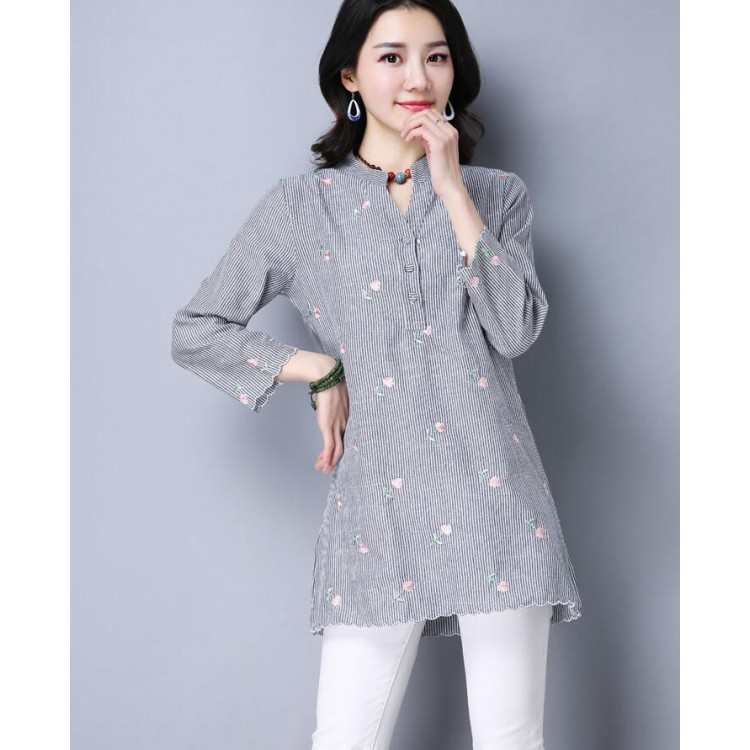 TE9156YZS Hemd mit Streifen und Stickerei im frischen Stil-3