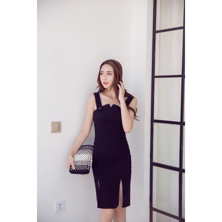 TE9311WMSS Schlitz-Strapskleid mit schmaler Taille und enger Hüfte-1